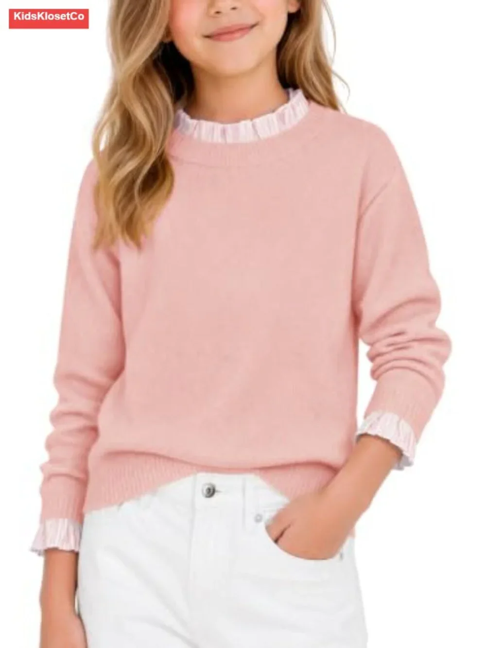 Girls Ruffle Trim Long Sleeve Knit Pullover Sweater Cute Casual Top